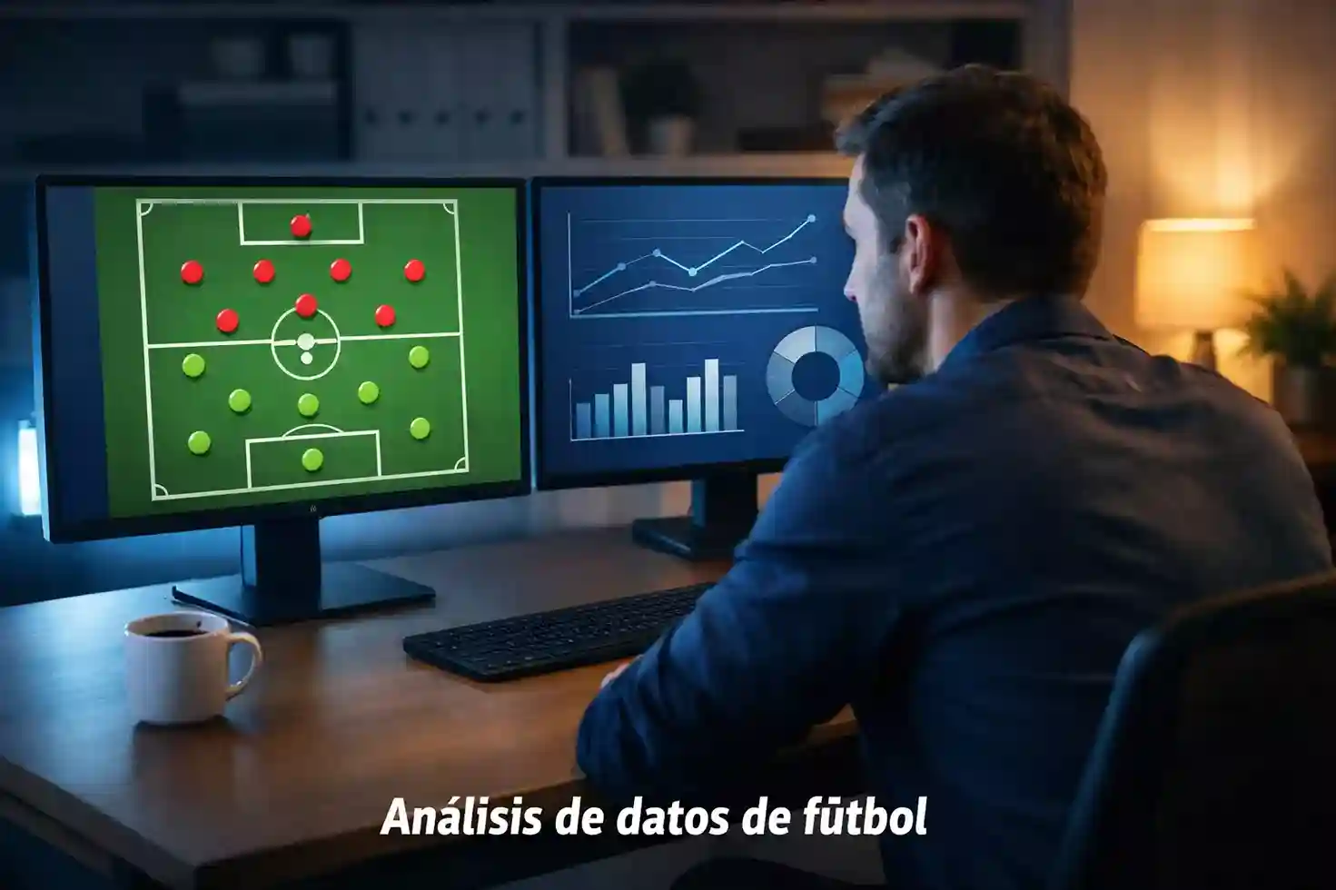 Analista deportivo revisando estadísticas de equipos de fútbol en múltiples pantallas