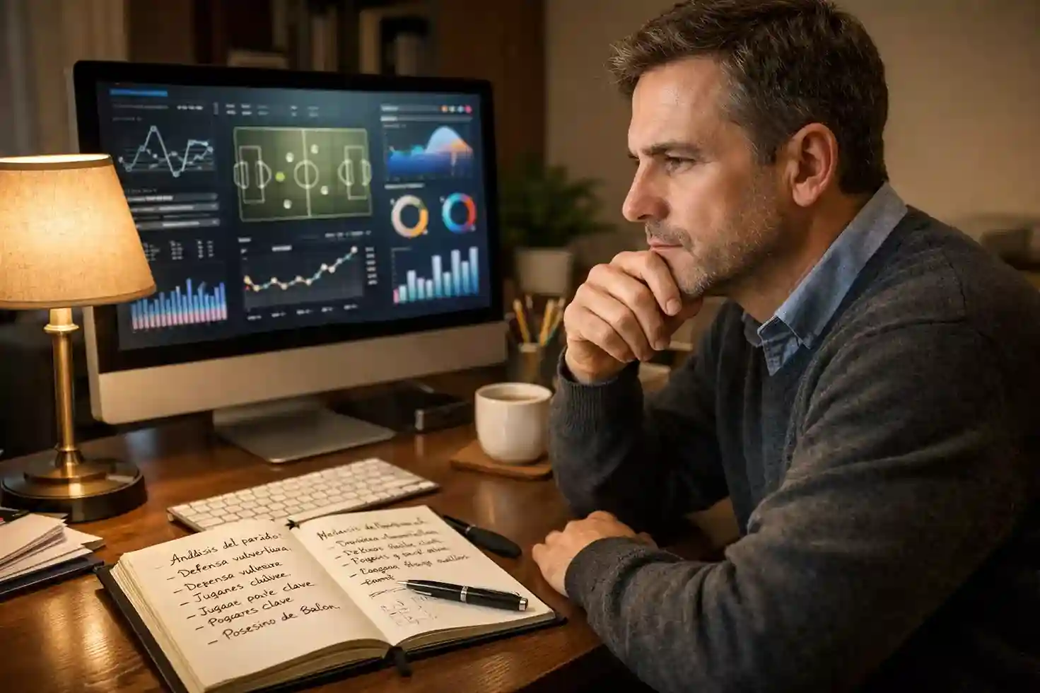 Persona analizando datos y estadísticas de fútbol en su escritorio
