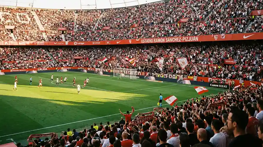 Estadio de fútbol español con césped verde y gradas llenas de aficionados