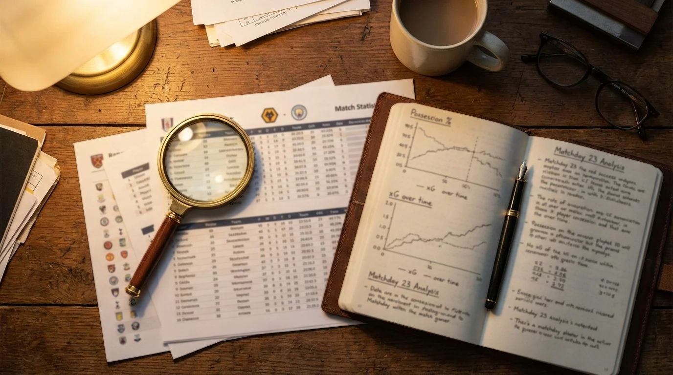 Lupa sobre una hoja de papel con estadísticas y análisis de fútbol