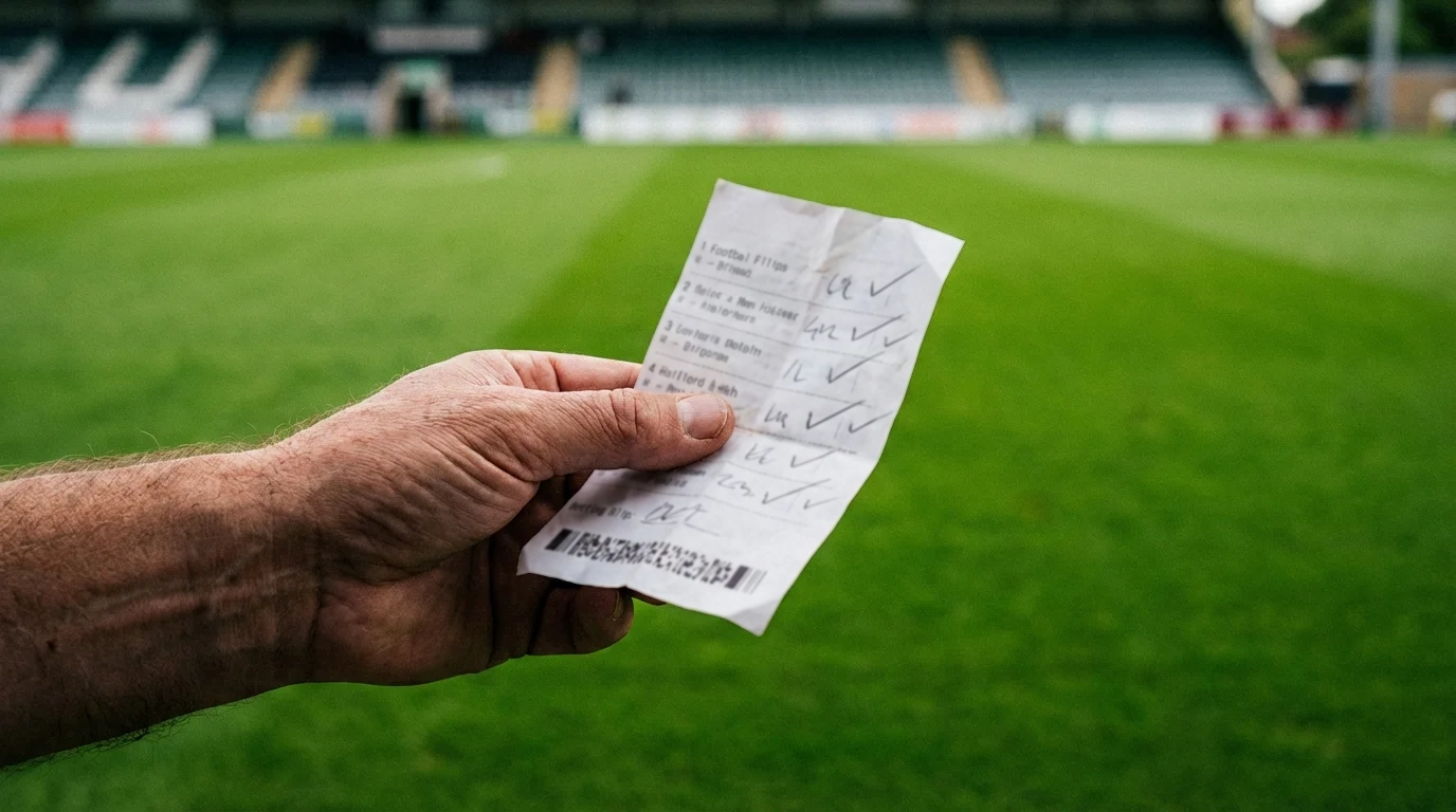 Boleto de apuesta combinada sobre un campo de fútbol con varias selecciones