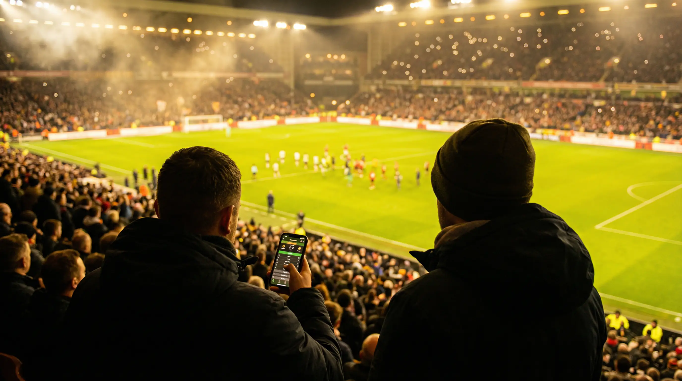 Espectador en grada de estadio de fútbol mirando el partido con su teléfono móvil