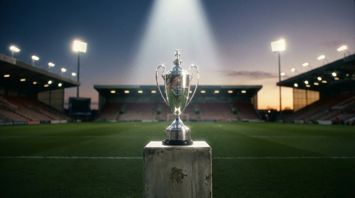 Trofeo de campeón de liga de fútbol sobre un pedestal en un estadio