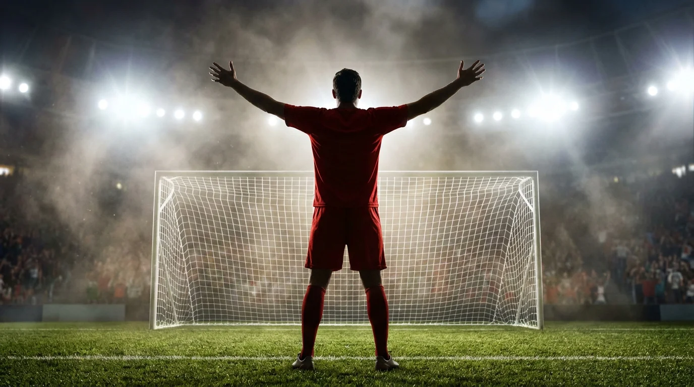 Delantero de fútbol celebrando un gol con los brazos abiertos frente a la portería