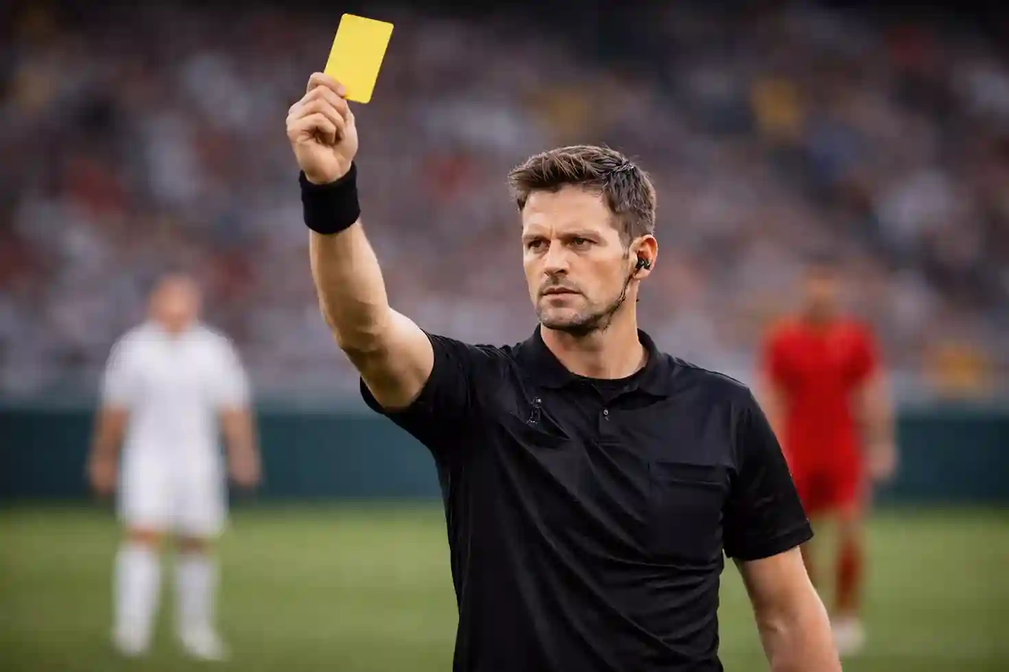Árbitro de fútbol mostrando tarjeta amarilla durante un partido