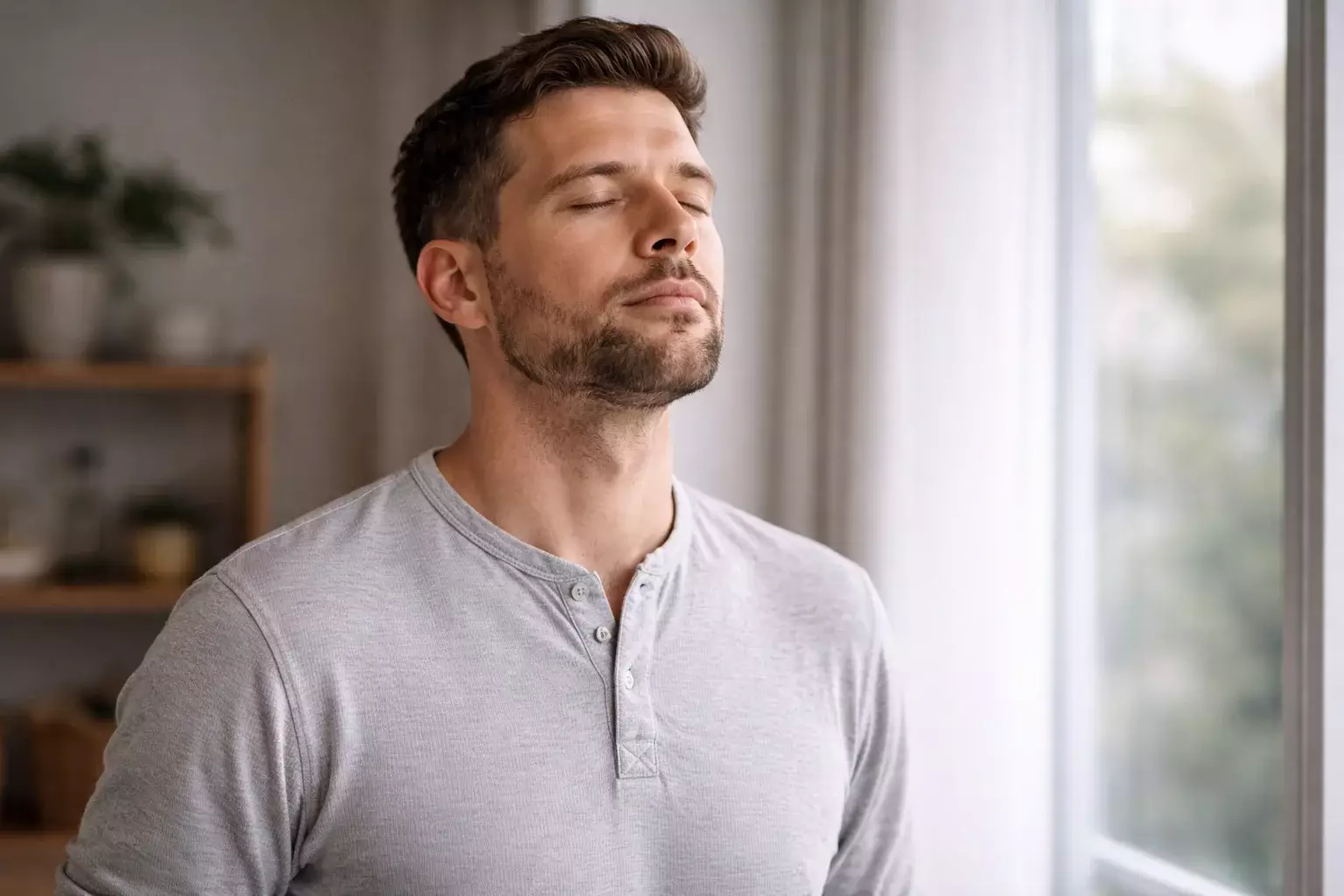 Persona meditando con los ojos cerrados en ambiente tranquilo y luz natural