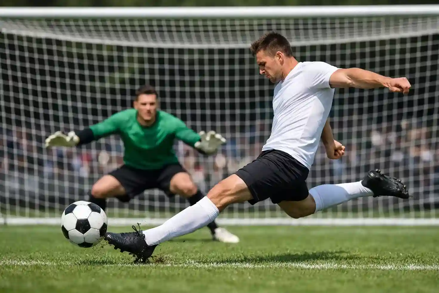 Delantero de fútbol rematando a portería en un partido