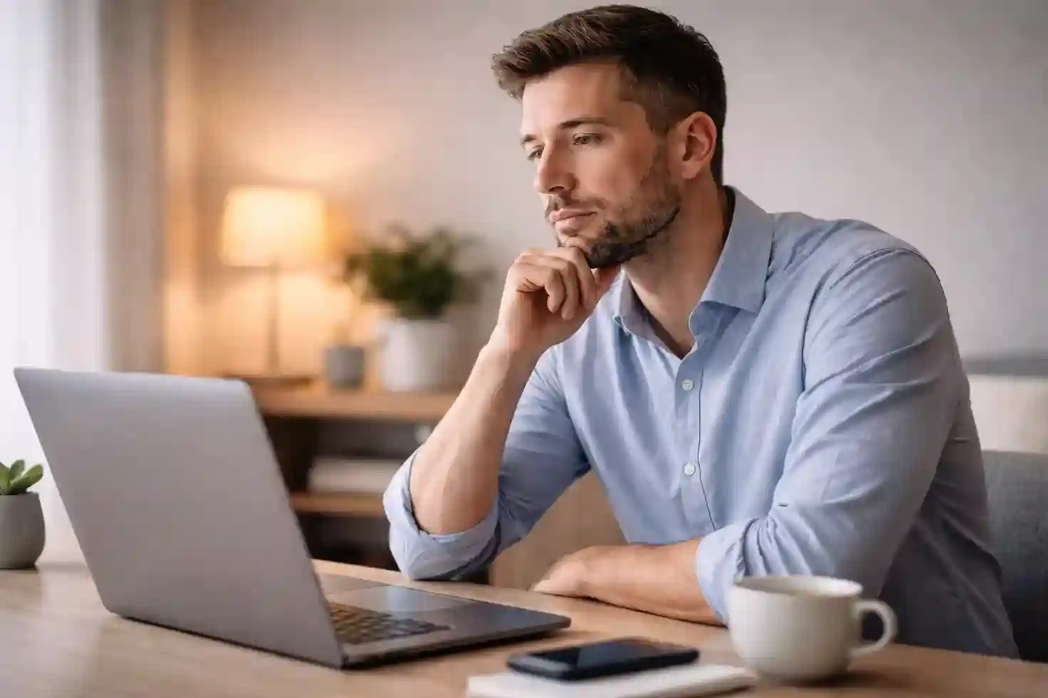 Apostador pensativo frente a pantalla de ordenador tomando decisiones meditadas