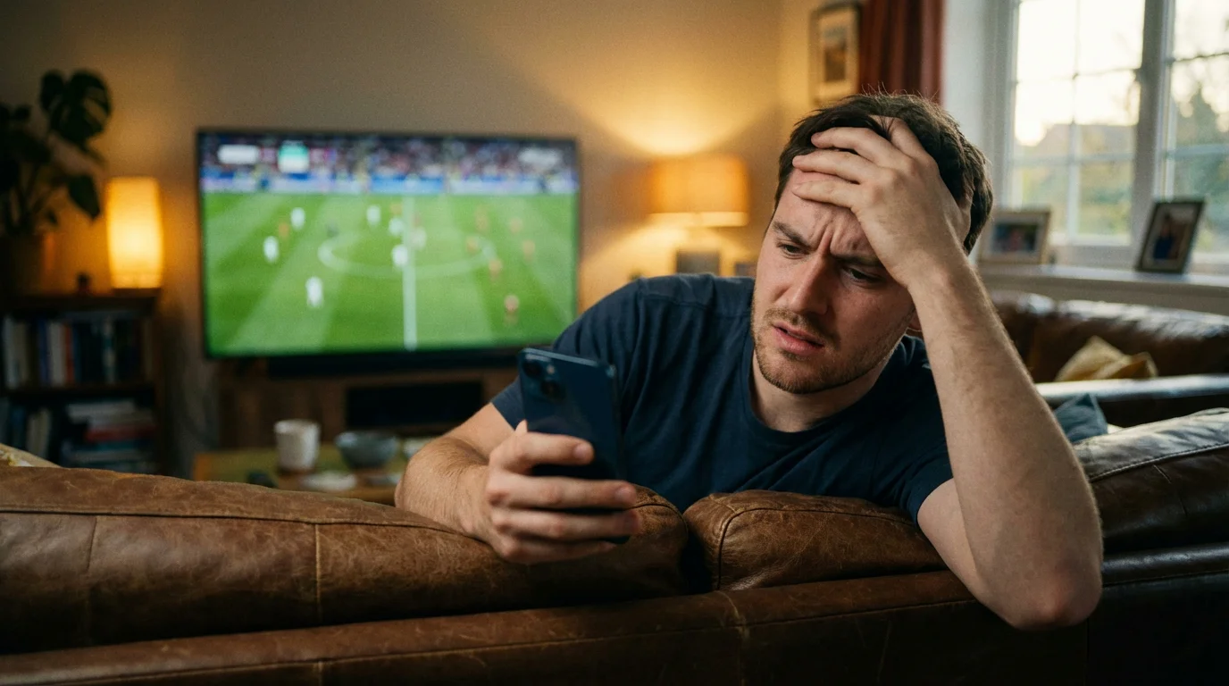 Apostador joven mirando su teléfono con expresión de frustración