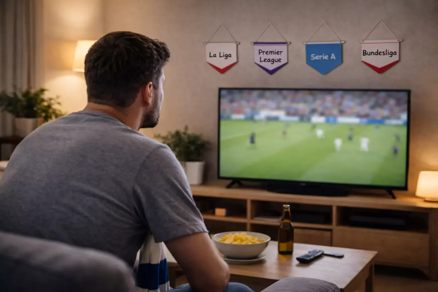 Aficionado viendo partido de fútbol europeo con banderas de ligas conocidas
