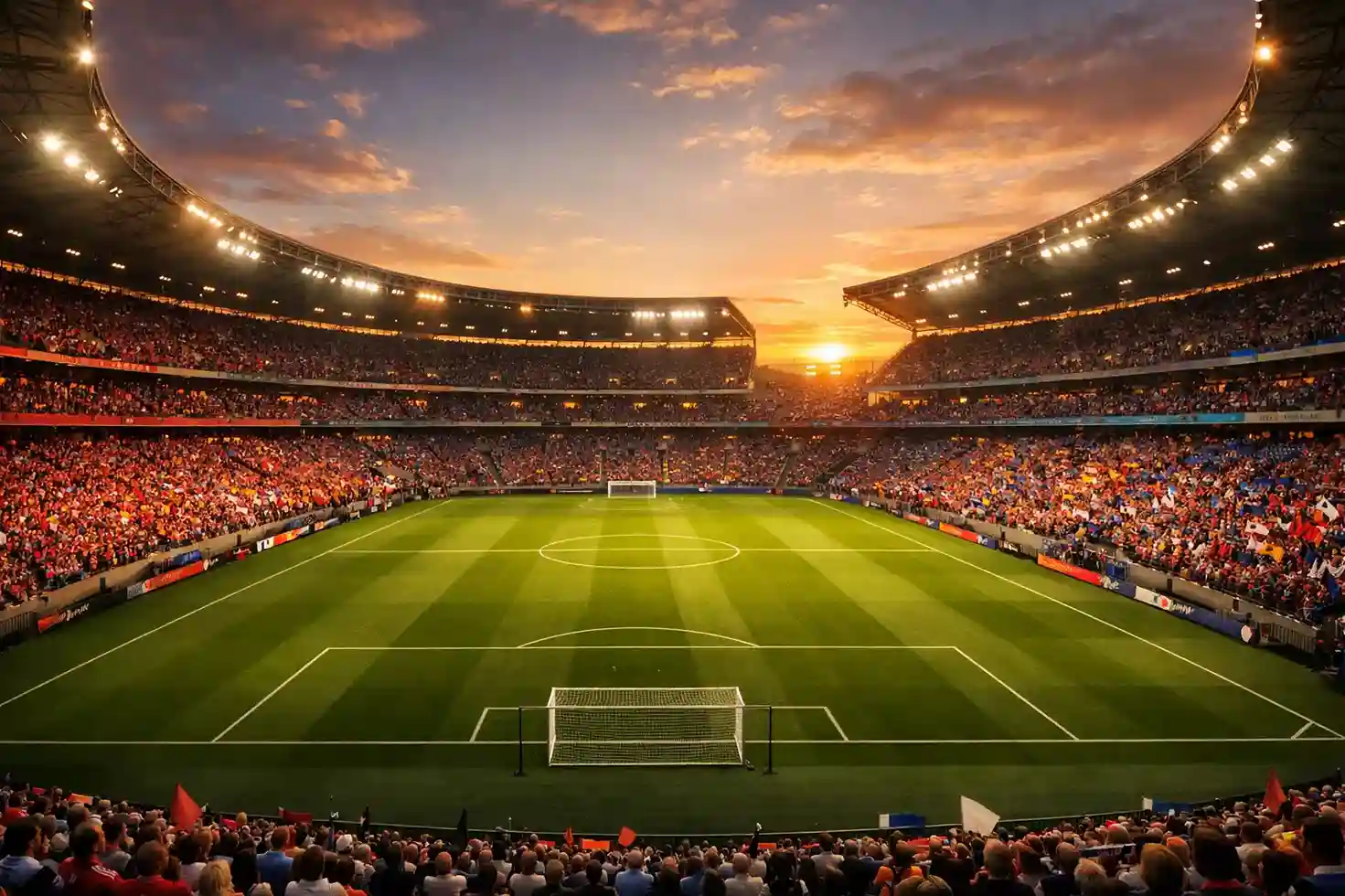 Estadio de fútbol con aficionados antes de un partido importante