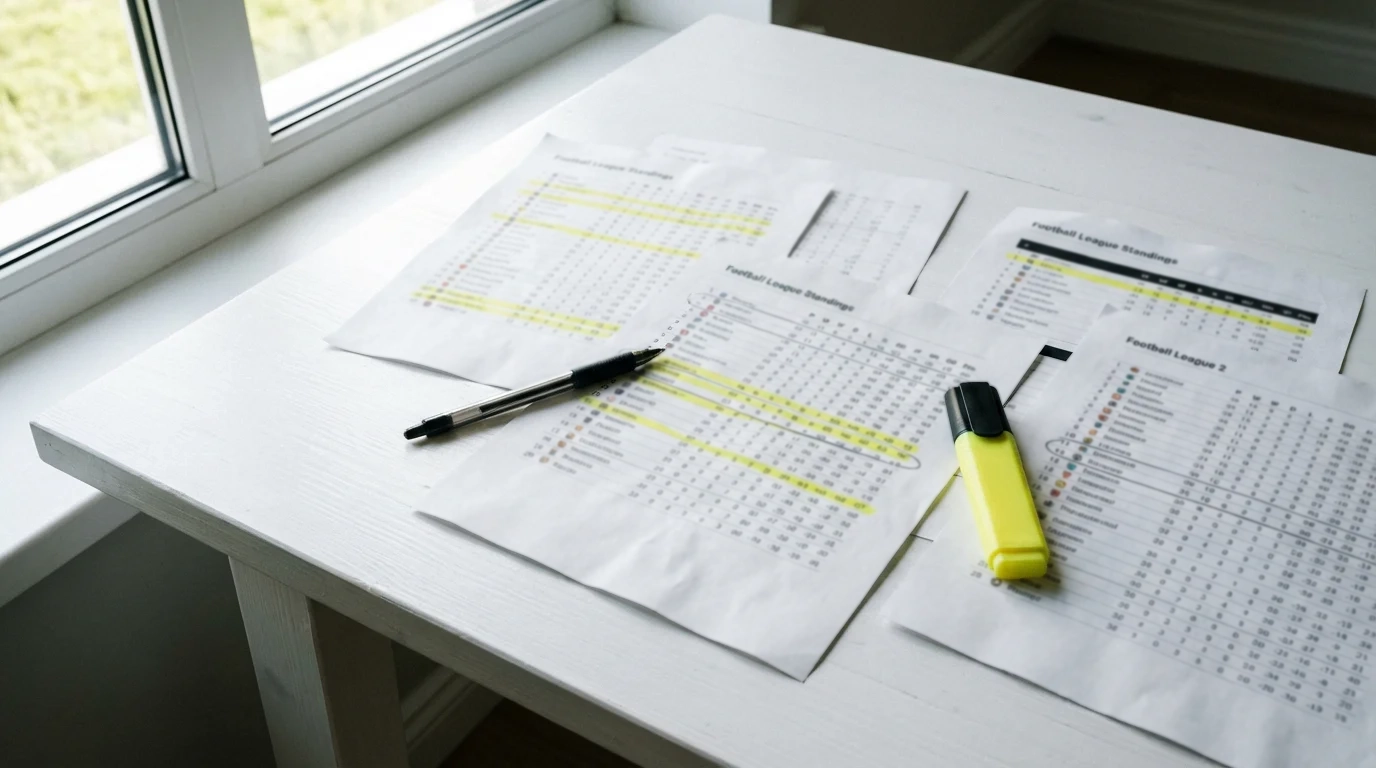 Tabla de estadísticas de fútbol impresa junto a un bolígrafo sobre un escritorio