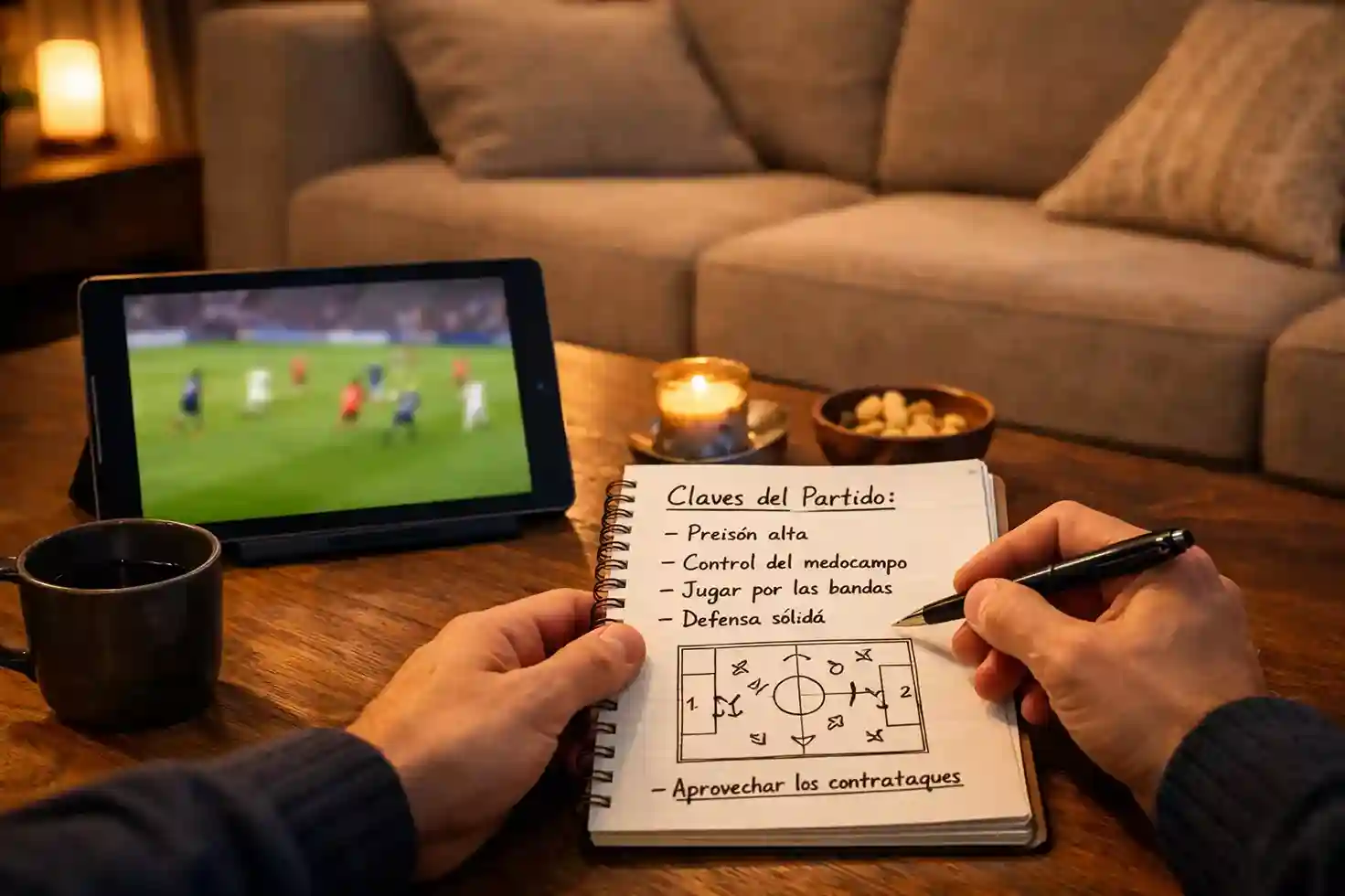 Mesa de trabajo con tablet mostrando partido de fútbol en vivo y libreta de estrategias