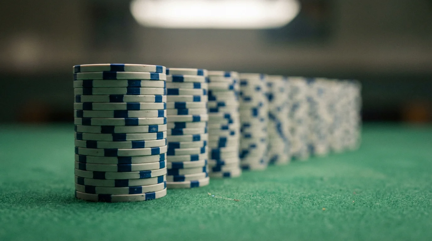 Fichas de apuestas apiladas ordenadamente en columnas de igual altura sobre fieltro verde
