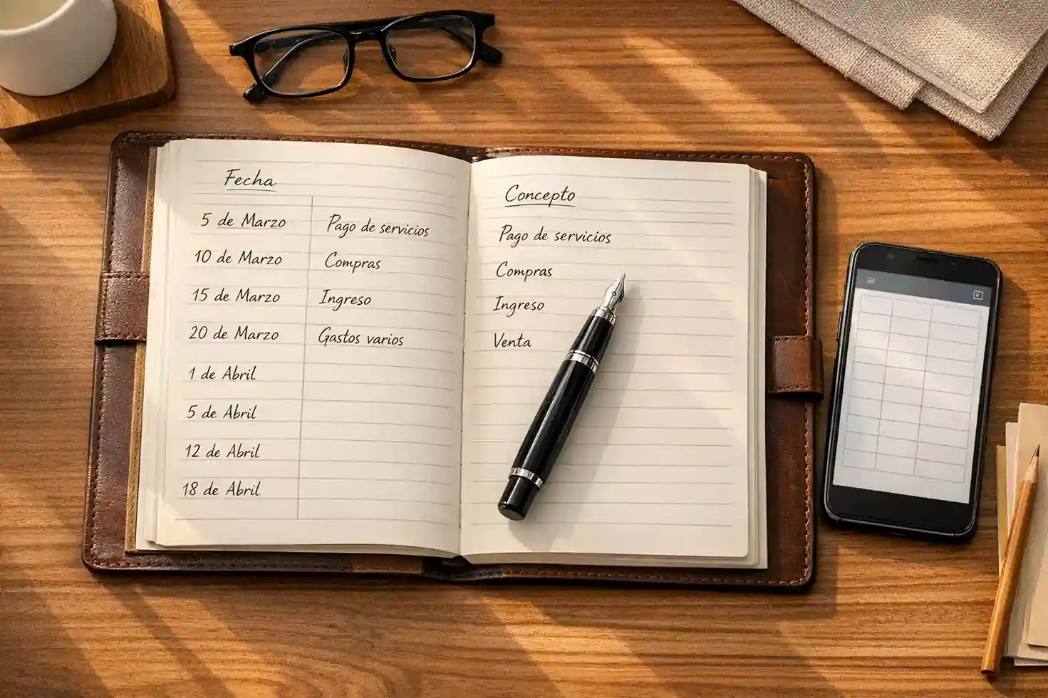 Cuaderno de registro de apuestas junto a bolígrafo con anotaciones de stakes y resultados