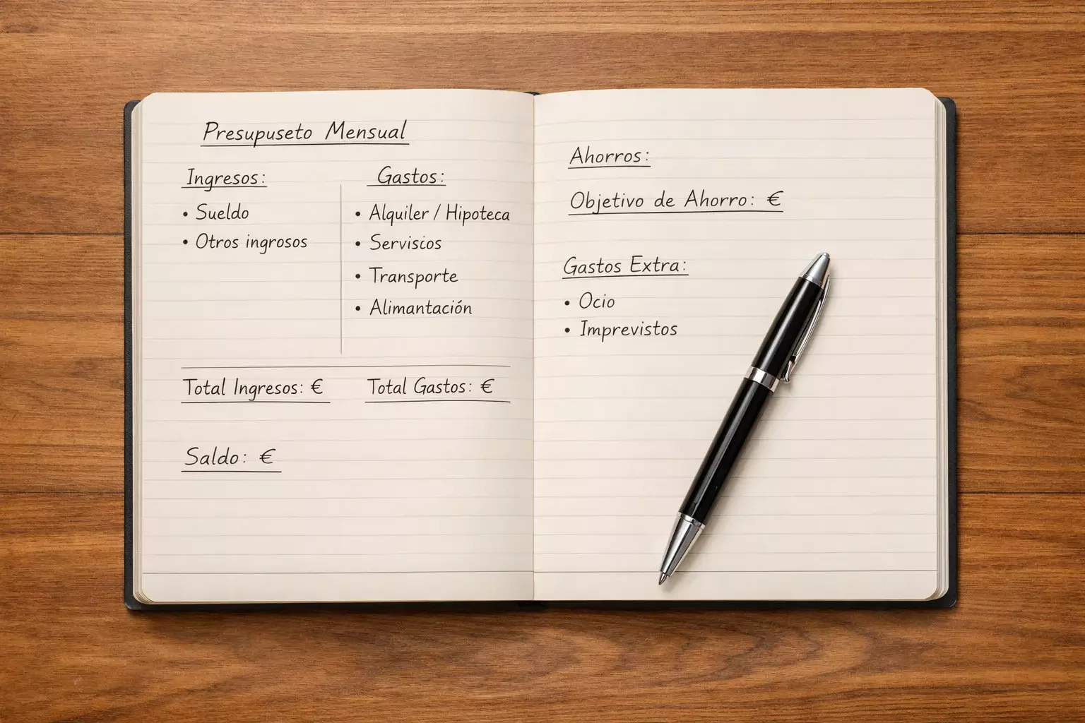 Libreta con anotaciones financieras y símbolo de euro sobre escritorio ordenado