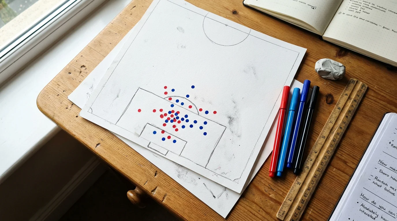 Mapa de tiros de un partido de fútbol dibujado sobre papel con marcadores de colores