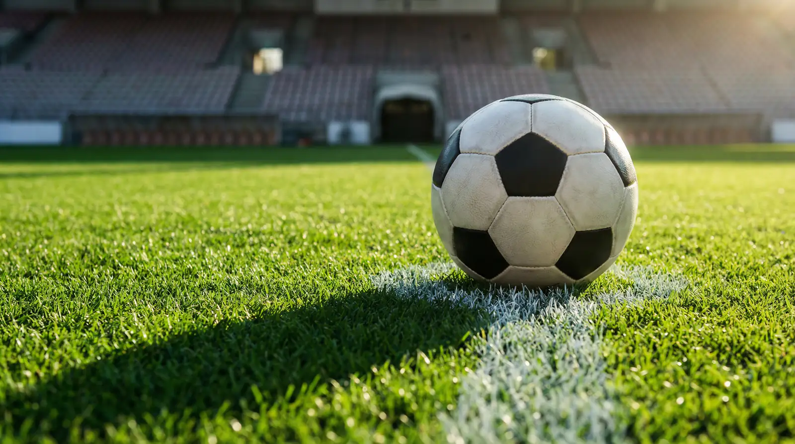 Balón de fútbol en el centro del campo con líneas de marcación blancas sobre césped