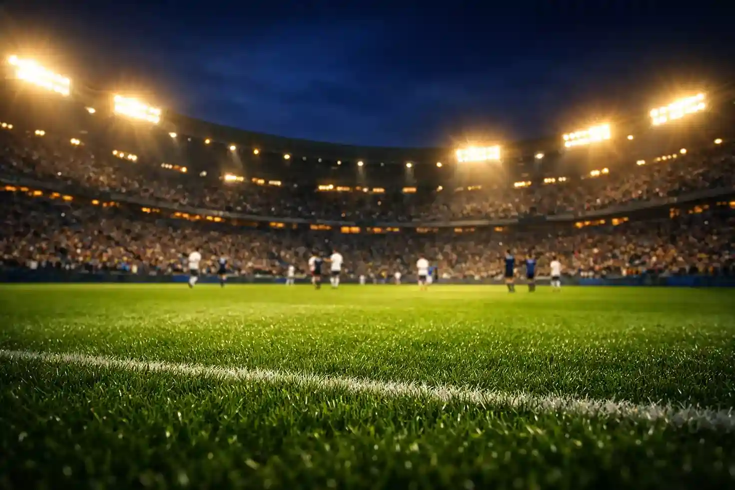Estadio de fútbol profesional iluminado durante un partido nocturno con aficionados en las gradas