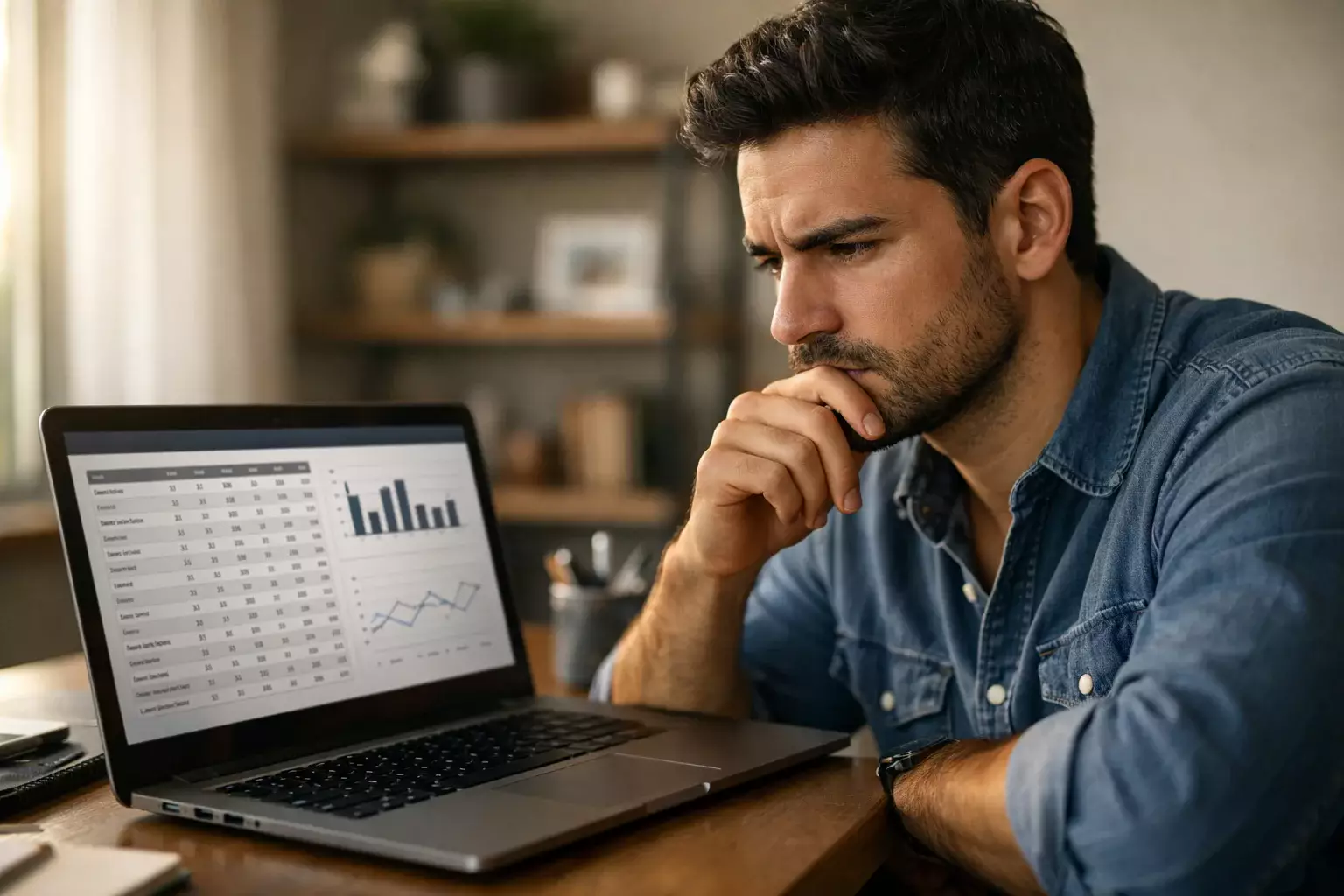 Hombre reflexivo frente a pantalla de estadísticas de fútbol con expresión concentrada