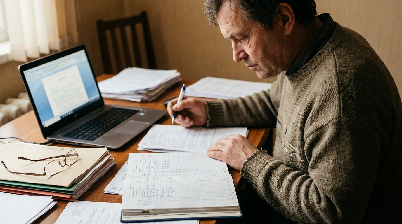 Persona revisando documentos fiscales junto a un portátil con declaración de la renta