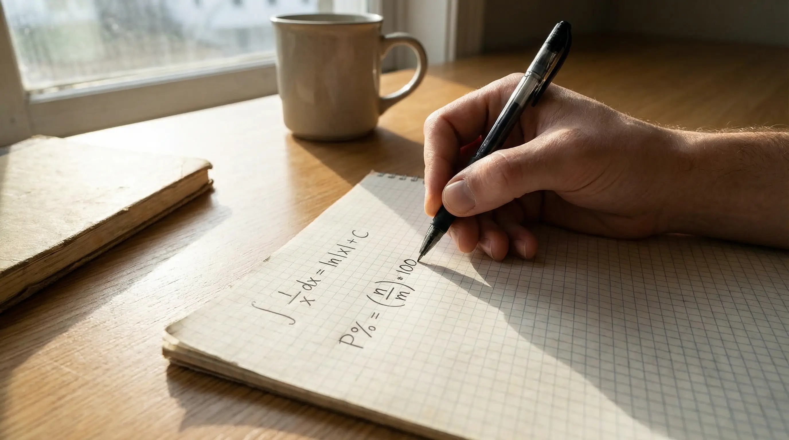 Hoja de cálculo escrita a mano con fórmulas y porcentajes sobre una mesa de trabajo