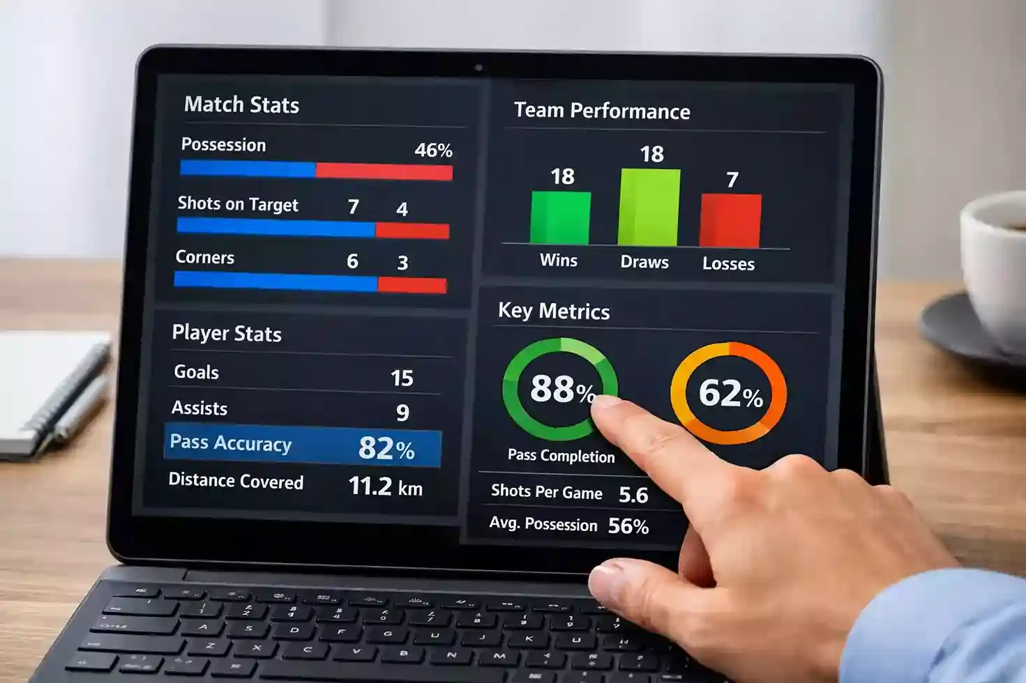 Pantalla mostrando estadísticas detalladas de equipos de fútbol