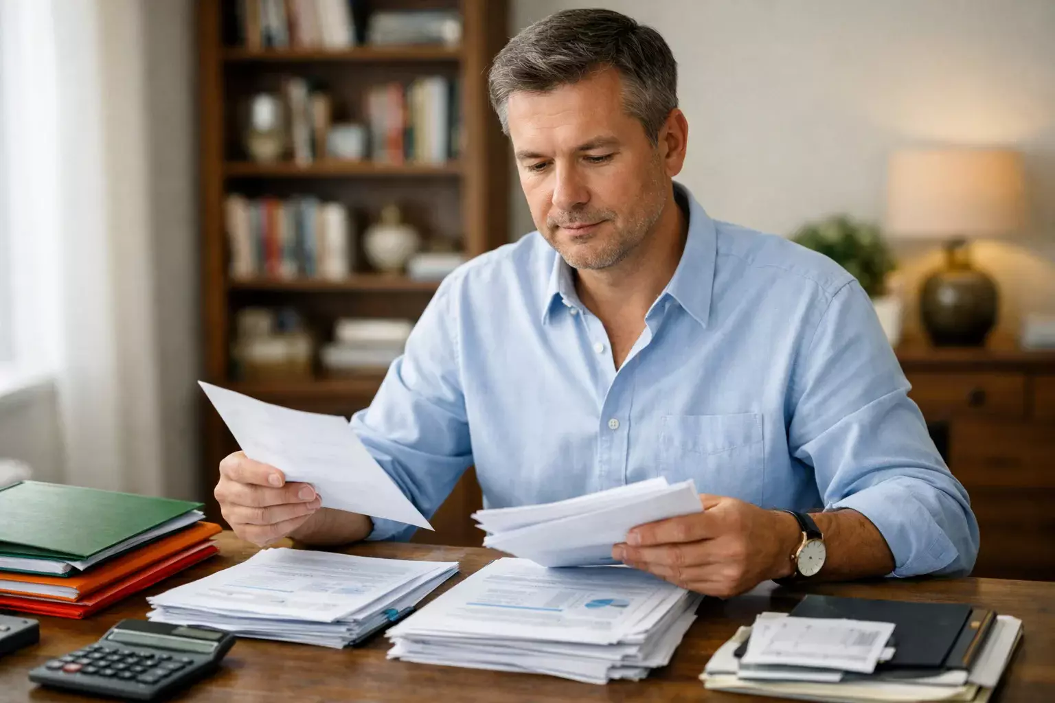 Persona organizando sus finanzas personales con documentos