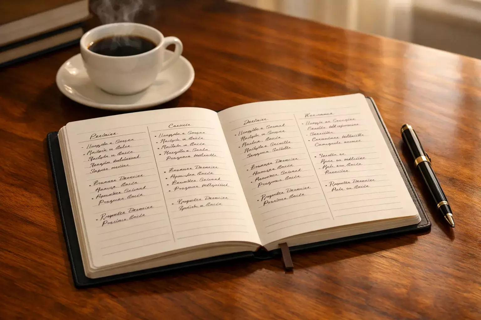 Cuaderno de planificación financiera con bolígrafo sobre escritorio