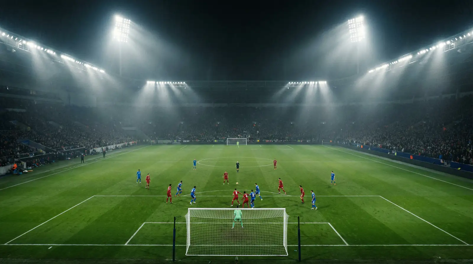 Vista panorámica de un campo de fútbol con césped natural durante un partido nocturno